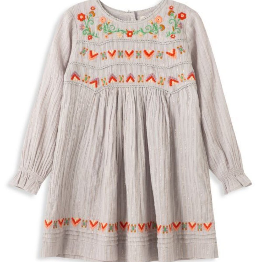 NEW PEEK Kid Shiloh Geometric Floral Embroidered Long Sleeve Baby Doll Dress